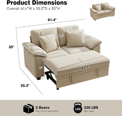 Ihanherry 61" Loveseat Sleeper Sofa, 2-in-1 Pull Out Couch Bed with 2 Pillows, Chenille Convertible Sofa Bed, Small Space Sleeper Couch for Living Room Apartment (Sand)