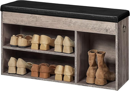 HOOBRO Shoe Storage Bench with Cushion, 32.3'' Entryway Bench with Lift Top Hidden Storage and Adjustable Shelves, Wooden Shoe Rack Bench for Entryway Bedroom, Rustic Brown and Black BG40HX01