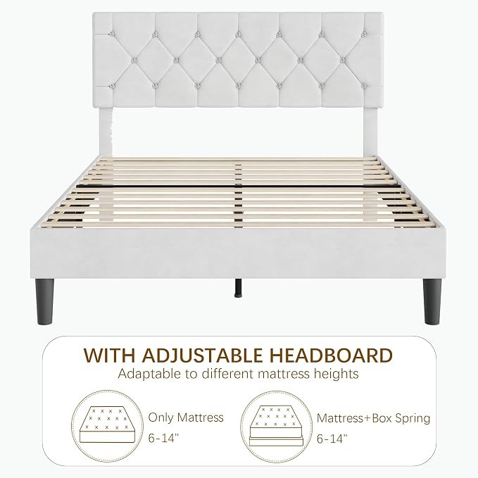 VECELO Queen Size Bed Frame with Diamond Tufted Headboard, Upholstered Platform Bedframe with Wood Slat Support, No Box Spring Needed, Velvet & White
