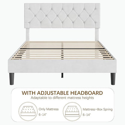 VECELO Full Size Bed Frame with Diamond Tufted Headboard, Upholstered Platform Bedframe with Wood Slat Support, No Box Spring Needed, Velvet & White