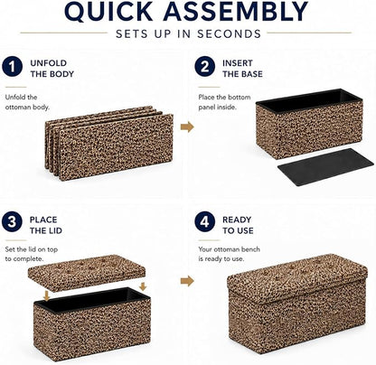 ALASDO 30 Inch Folding Storage Ottoman Bench with Hidden Storage, PU Leather Ottoman Foot Rest Stool, End of Bed Bench for Bedroom, Living Room, Entryway and Closet, Leopard Print