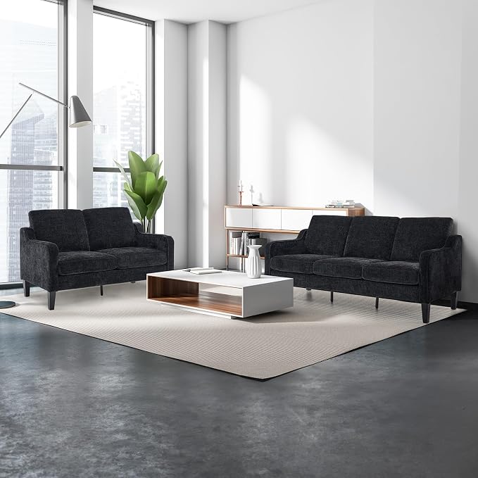 VINGLI Black Couches for Living Room, 71" Small Couch Comfy 3 Seater Upholstered Chenille Sofa Mid-Century Modern Floor Sofas for Small Spaces, Bedroom, Apartment, Lounge, Office