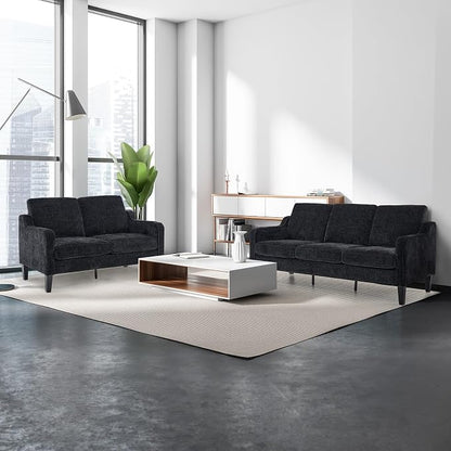VINGLI Black Couches for Living Room, 71" Small Couch Comfy 3 Seater Upholstered Chenille Sofa Mid-Century Modern Floor Sofas for Small Spaces, Bedroom, Apartment, Lounge, Office