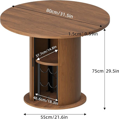 Dining Table for 4, 31“ Round Dining Room Kitchen Table with 2-Tier Storage Shelf & Wine Rack, Fluted Wood Table with Slide Door, Wood Oval Dinner Furniture(Walnut-Non Extensible, 31 Inch)