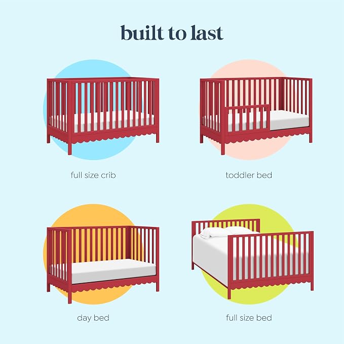 Davinci Sammy Scallop 4-in-1 Convertible Baby Crib, Strawberry Red | GREENGUARD Gold Certified, Converts to Toddler Bed & Daybed & Full-Size Bed, 4 Adjustable Mattress Heights - Easy to Assemble