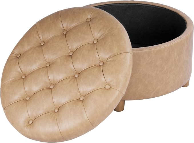 HomePop 28" Button Round Storage Ottoman - Light Camel Faux Leather