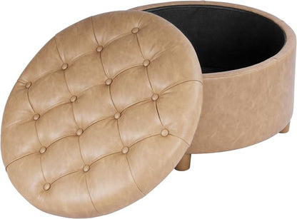 HomePop 28" Button Round Storage Ottoman - Light Camel Faux Leather