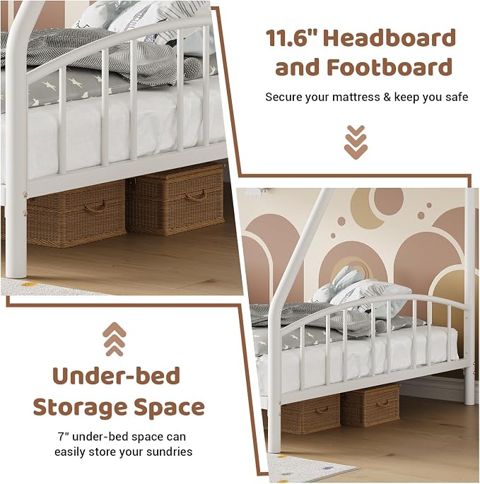 GarveeHome Metal Bunk Bed Twin Over Full, Heavy Duty Bunkbeds Frame with Arched Guardrail and Safety Ladder, Sturdy Steel Bed for Kids Boys Girls, Space-Saving, No Box Spring Needed, White