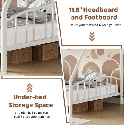 GarveeHome Metal Bunk Bed Twin Over Full, Heavy Duty Bunkbeds Frame with Arched Guardrail and Safety Ladder, Sturdy Steel Bed for Kids Boys Girls, Space-Saving, No Box Spring Needed, White