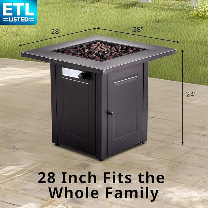 Hexago 28 Inch Propane Fire Pit, ETL Listed Outdoor Fire Pit Table, 50,000 BTU Steel Gas Fire Pits with Lid and Lava Rock, Add Warmth and Ambience to Parties On Patio Deck Garden, Mocha