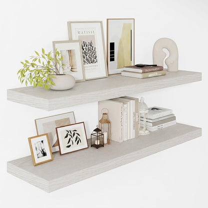Vivelove 12 Deep Floating Shelves for Wall, 40 Inch Shelves for Room Wall Mounted, 2" Thick Floating Shelf for Living Room Bedroom Bathroom Kitchen Laundry Room, Set of 2 White Birch