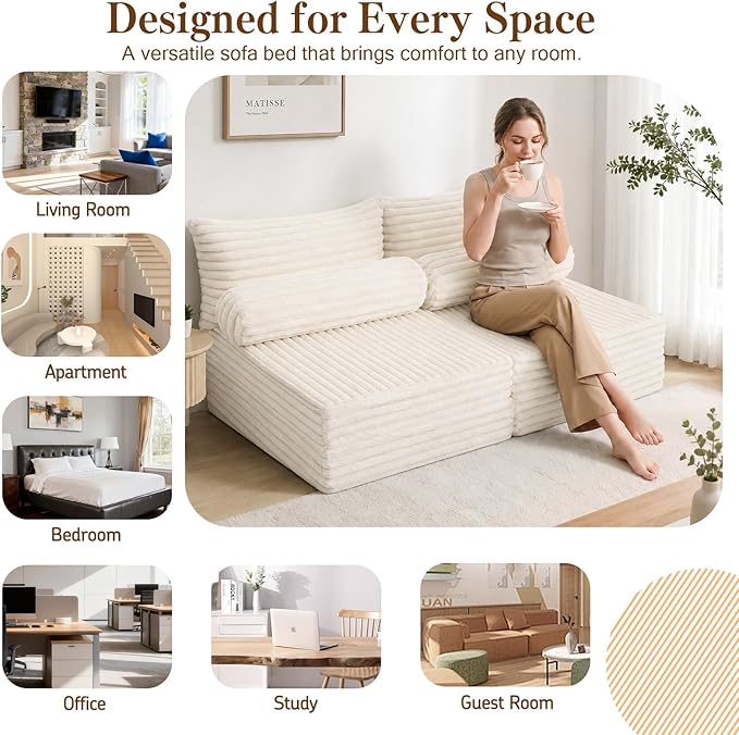 MeMoreCool Convertible Sofa Bed, Folding Floor Couch Bed Queen, Pull Out Sleeper Couch with Pillows, Fold Out Futon Sofa for Bedroom Living Room Small Space, Soft Corduroy