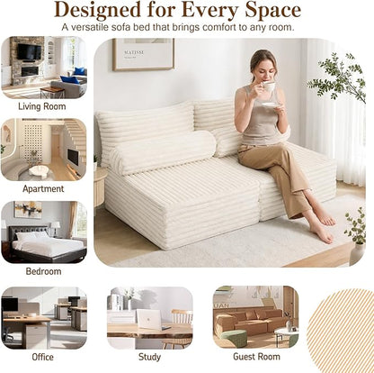 MeMoreCool Convertible Sofa Bed, Folding Floor Couch Bed Queen, Pull Out Sleeper Couch with Pillows, Fold Out Futon Sofa for Bedroom Living Room Small Space, Soft Corduroy