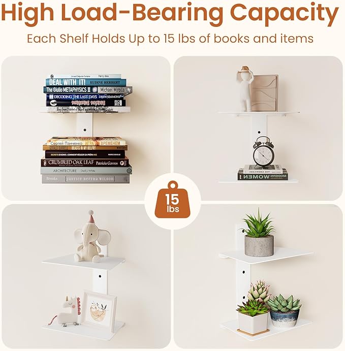 Wawocs Invisible Bookshelves for Wall, 4 Tier Floating Bookshelf Made of Heavy Duty Metal, Vertical Spine Book Tower Hanging Wall Bookshelf, Floating Book Shelves for Wall, 2 Pack White