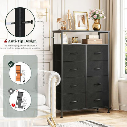 8 Drawers Dresser with Open Shelf, 46" Tall Storage Organizer Chest of Drawer with Wooden Top, Sturdy Metal Frame for Bedroom, Hallway, Living Room, Black