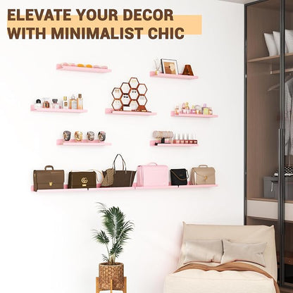 Qukaka Floating Shelves for Wall Decor, 15" Wall Shelves for Bedroom, Living Room, Kitchen, Bathroom Decor, Nail Polish/Book/Decoration/Makeup/Perfume Organizer Floating Shelf-3Pack Pink