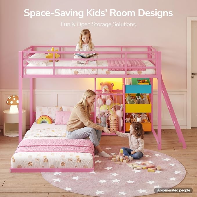 Hasuit Bunk Bed Twin Over Twin Size with Large Toy Storage Organizer and 3 Bins, Twin Bunk Beds with LED Lights, Metal L-Shaped Loft Bed with 13.4" H Safety Guardrail & Ladder, for Kids & Teens, Pink