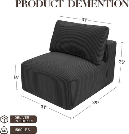 Modular Sectional Sofa Extension, Armless Memory Foam Cloud Chair, 31" Boneless Corduroy Upholstered Single Seat, No Assembly Required Accent Chair for Living Room Apartment Home Decor, Black