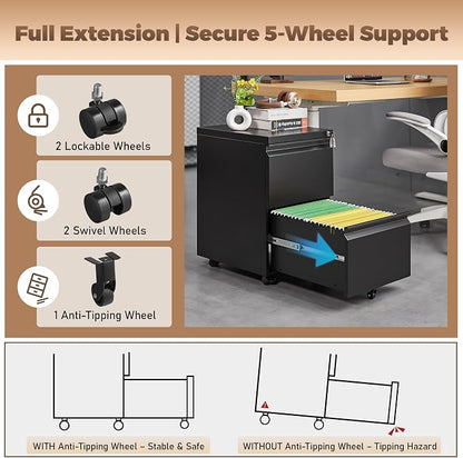 Approgreent 2 Drawer Metal File Cabinet, Fully Assembled Locking Filing Cabinet with Anti-Tipping Wheels, Quiet Slide, Heavy-Duty Steel Construction, Fits A4 Letter Legal for Home Office, Matte Black
