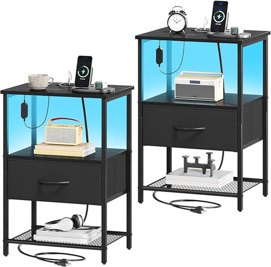 Somdot Black Nightstand Set of 2 with Charging Station and LED Light for Bedroom, Bedside Table End Table for Dorm Guest Room Bedside Kids Laundry Closet Entryway Hallway, Black