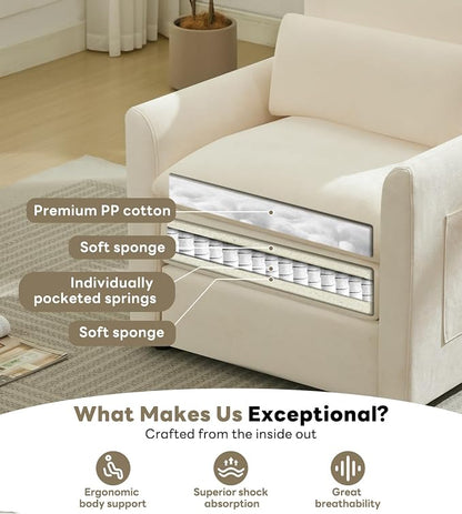 Iroomy Modern Accent Armchair – Cloud-Like Single Sofa with Pocket Spring Seat, Soft Chenille Fabric, Removable Cover, Cozy Lumbar Support for Living Room, Bedroom, Apartment, Beige