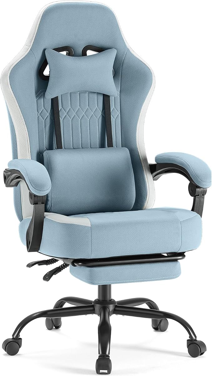 DUMOS Gaming Chair with Linkage Armrests, Video Game with Pocket Spring Cushion, Ergonomic Computer Silla Gamer Office Desk Chair with Footrest for Adults & Students, Blue