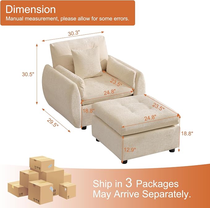 30" Modular Cloud Accent Chair with Ottoman, Deep Seat Tufted Chenille Sofa Chair with Curved Arms, Upholstered Reading Chairs for Living Room, Bedroom, Beige
