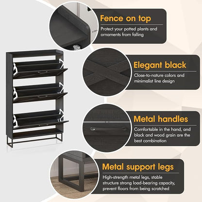 Maupvit Shoe Storage Cabinet with 3 Flip Drawers, Freestanding Organizer with Metal Legs for Entryway, Narrow Shoe Rack Cabinet, Black