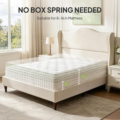Welzona Full Size Bed Frame 51" Tall Wingback Headboard, Soft Fabric Upholstered Platform Bed with Solid Wood Legs and Wooden Slats Support, No Box Spring Needed, Easy Assembly,Beige