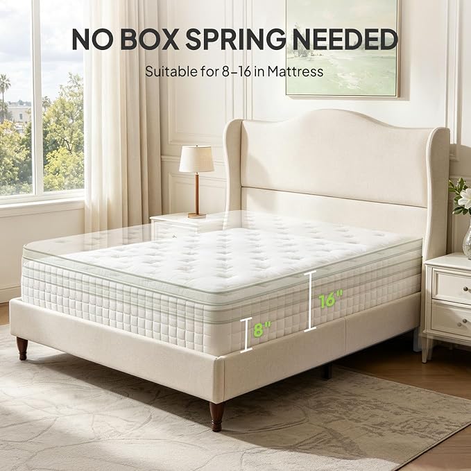 Welzona Queen Size Bed Frame 51" Tall Wingback Headboard, Soft Fabric Upholstered Platform Bed with Solid Wood Legs and Wooden Slats Support, No Box Spring Needed, Easy Assembly, Beige