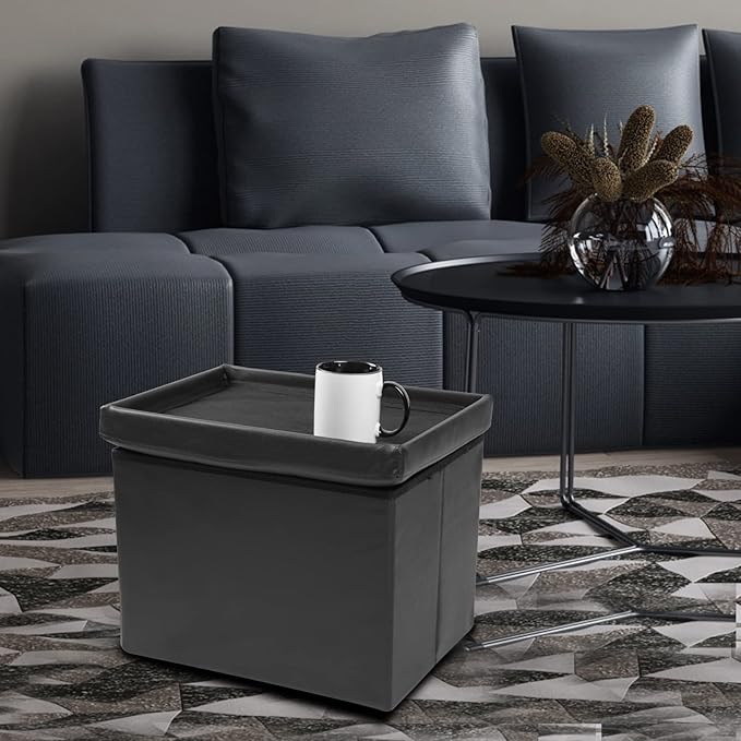 ALASDO Storage Ottoman Footrest Stool Small Ottoman with Storage Foldable Ottoman Leather Foot Rest Footstool Bench for Living Room 17x13x13inches Black