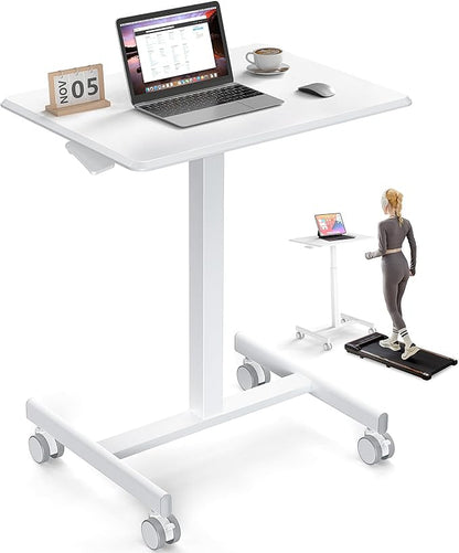 DUMOS Mobile Rolling Desk with Wheels Adjustable Height Small Standing Desks Portable Laptop PC Table Computer Workstation for Home Office Small Space White