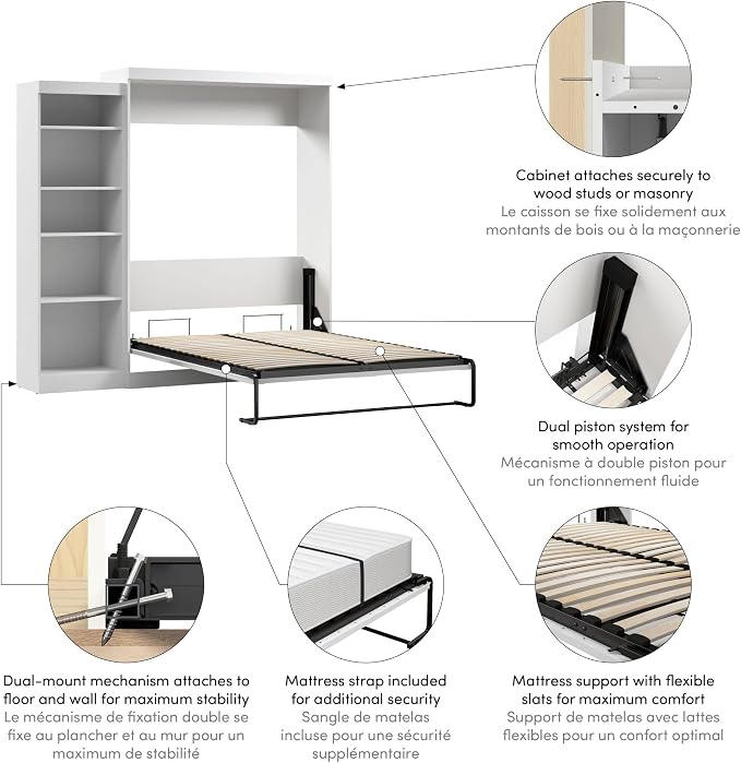 Bestar Pur Queen Murphy Bed with Shelving Unit, 90-inch Space-Saving Sleeping Arrangement for Multipurpose Area, Bedroom, Guest Room, or Living Room
