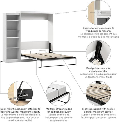 Bestar Pur Queen Murphy Bed with Shelving Unit, 90-inch Space-Saving Sleeping Arrangement for Multipurpose Area, Bedroom, Guest Room, or Living Room