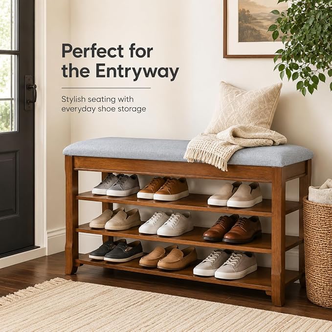 Solid Wood Shoe Bench with Storage, Flip-Top Soft-Close Lid, Adjustable Shelves, Cushioned Entryway Shoe Rack Organizer, 31.5”