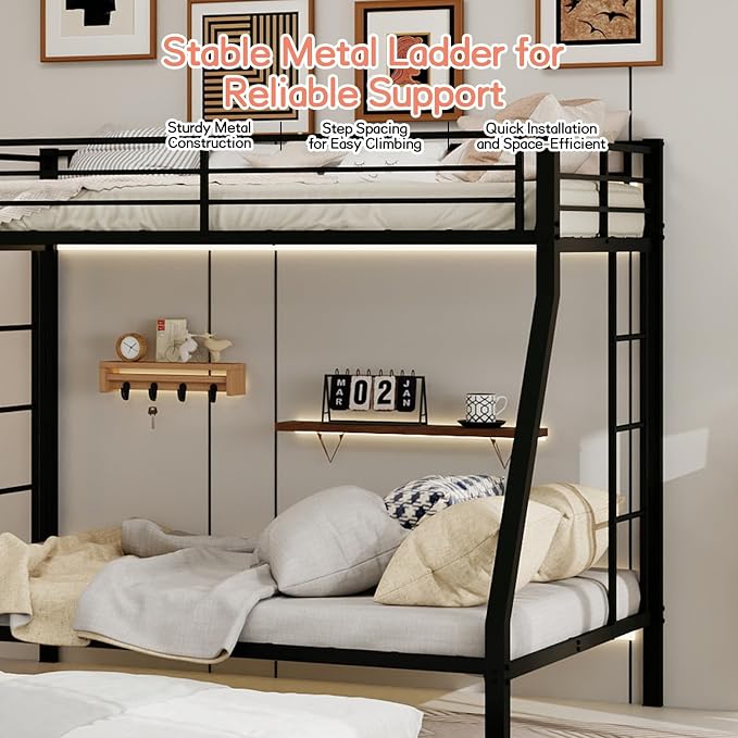 Metal Bunk Bed with Trundle, Space-Saving Bunk Bed Twin Over Full with Ladders and Safety Guardrail, Heavy Duty Twin Bed Frames, No Box Spring Needed and Noise Free(Black)