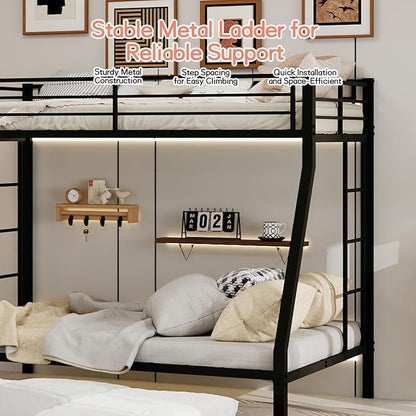 Metal Bunk Bed with Trundle, Space-Saving Bunk Bed Twin Over Full with Ladders and Safety Guardrail, Heavy Duty Twin Bed Frames, No Box Spring Needed and Noise Free(Black)