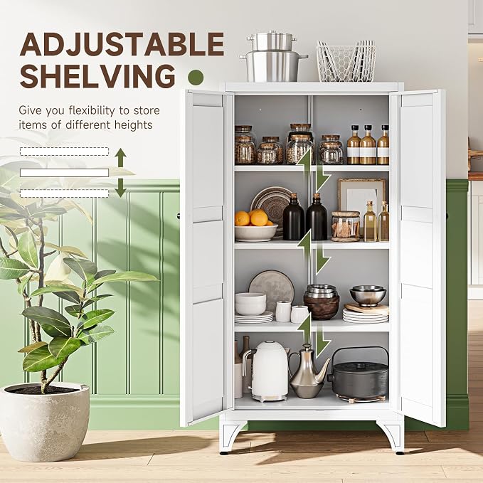Letaya 47.3" H Metal Storage Cabinet with 2 Doors and 3 Shelves,Freestanding Bathroom Floor Cabinets,Kitchen Pantry Cabinets,Utility Pantry Organizers for Cupboard/Dining/Home Office/Garage,White