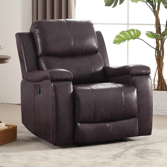 CANMOV Manual Recliner Chair, Classic Faux Leather Recliner Chair with Overstuffed Arms and Back, Manual Single Sofa with Concealed Cup Holders, Dark Brown