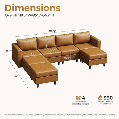 ABCASA Faux Leather Modular Sectional Sofa 118.5", 7 Seater U Shaped Couch with Storage Seat with Reversible Chaise Deep Seat for Living Room Brown