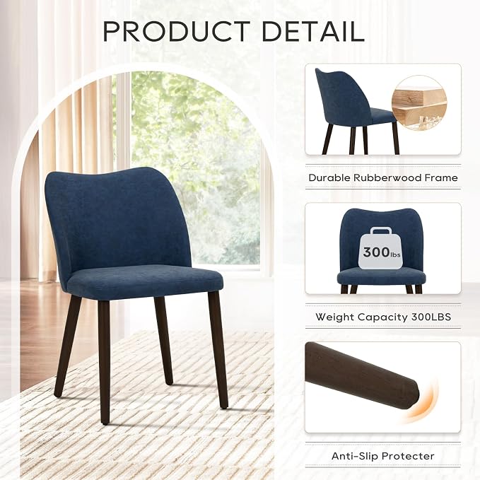 COLAMY Dining Chairs Set of 2, Upholstered Leather Kitchen Chairs with Curved Back, Padded Seat and Solid Wood Legs, Modern Dining Chair for Kitchen Dining Room, Blue