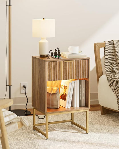 Masupu Fluted Nightstand with Charging Station and LED Lights,Modern Night Stand Wood Bedside Table with Storage Drawer Side End Table for Bedroom,Office,Walnut Brown