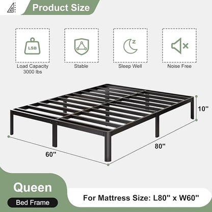 Lutown-Teen 10 Inch Queen Bed Frame with Rounded Corner Legs, 2000 LBS Heavy Duty Metal Queen Platform Bed Frame with Steel Slats Support, No Box Spring Needed, Noise Free, Easy Assembly