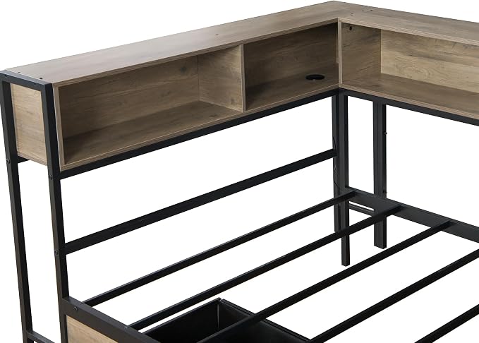 Bellemave Twin Size Corner Bed Frame with Storage Drawers, Bookcase and Side Desk, Twin Corner Bed with Light and Charging Station, Daybed for Bedroom, Living Room, Guest Room Gray
