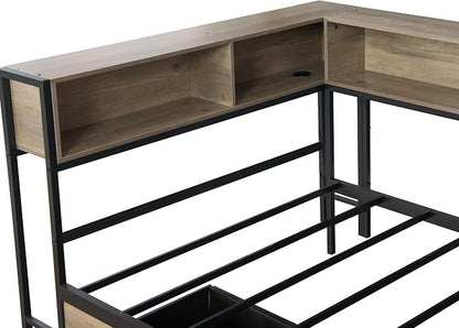 Bellemave Twin Size Corner Bed Frame with Storage Drawers, Bookcase and Side Desk, Twin Corner Bed with Light and Charging Station, Daybed for Bedroom, Living Room, Guest Room Gray