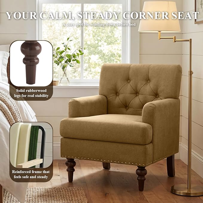 MALOL Upholstered Accent Chair Set of 2, Comfy Reading Chair for Living Room, Mid Century Modern Armchair with Thick Cushion & Solid Rubberwood Legs, for Bedroom/Small Spaces, Brown