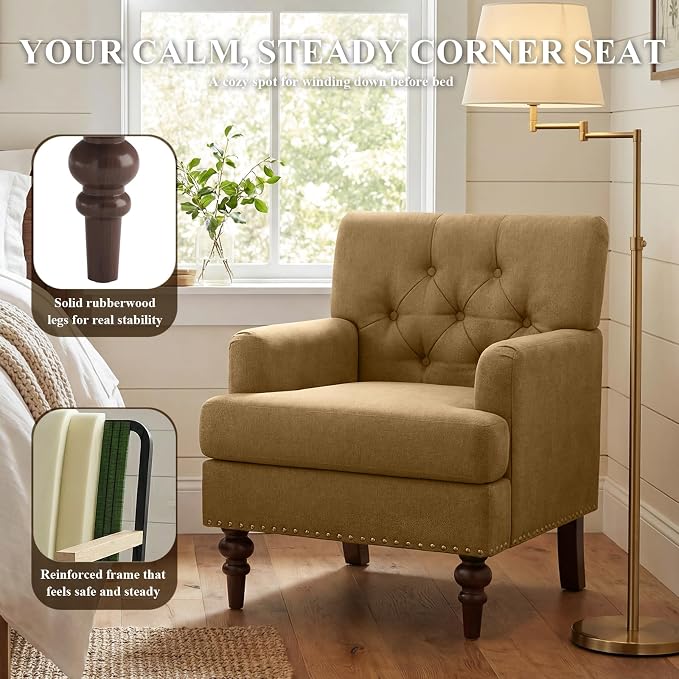 MALOL Upholstered Accent Chair, Comfy Reading Chair for Living Room, Mid Century Modern Armchair with Thick Cushion & Solid Rubberwood Legs, for Bedroom/Small Spaces, Brown