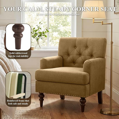 MALOL Upholstered Accent Chair, Comfy Reading Chair for Living Room, Mid Century Modern Armchair with Thick Cushion & Solid Rubberwood Legs, for Bedroom/Small Spaces, Brown