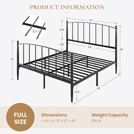 SHA CERLIN Full Size Metal Platform Bed Frame with Victorian Style Iron-Art Headboard and Footboard, Easy Assembly, No Box Spring Needed, Black