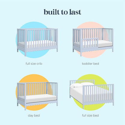 Davinci Sammy Scallop 4-in-1 Baby Crib & Mattress Bundle - Powder Blue | Low-Profile Crib Convertible to Toddler Bed, Daybed, Full Bed - Easy to Assemble - Includes Mattress w/ Waterproof Cover